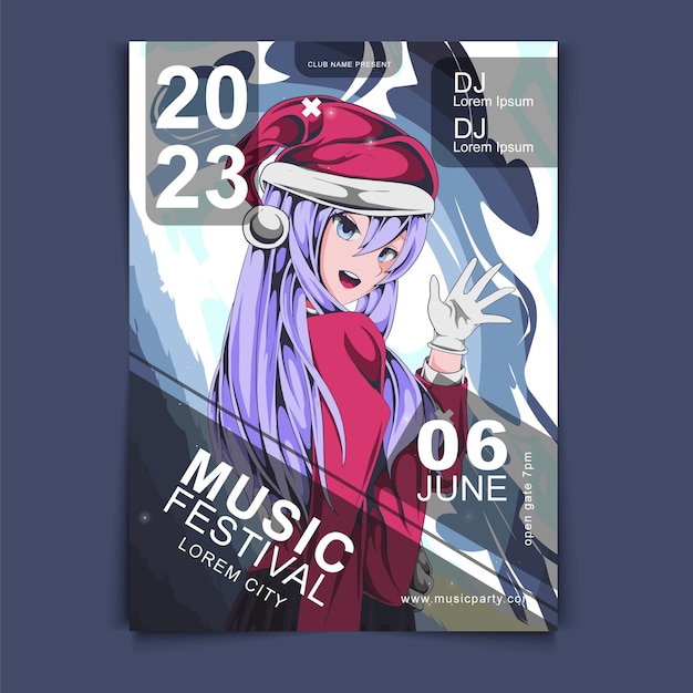 Vector anime hand drawn music festival poster design template