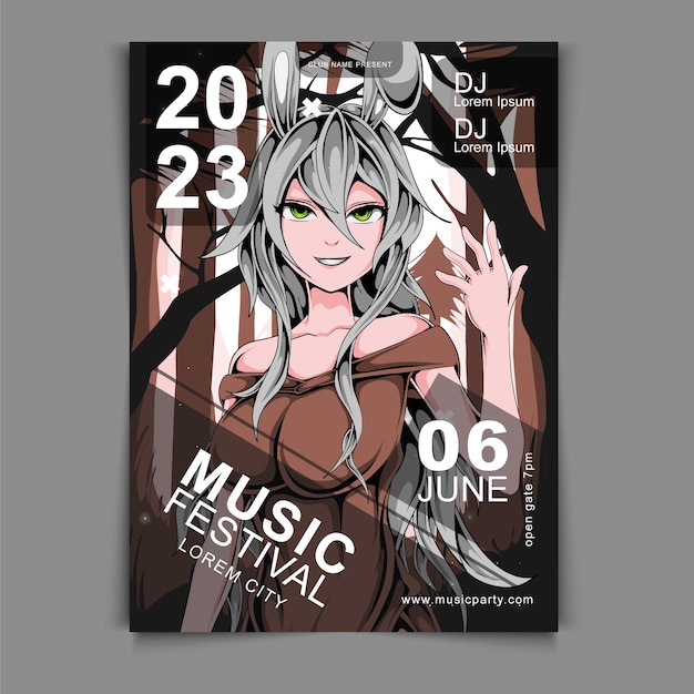 Vector anime hand drawn music festival poster design template