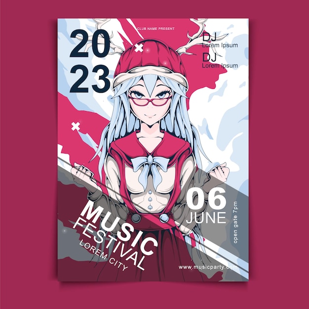 Vector anime hand drawn music festival poster design template