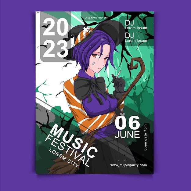 Vector anime hand drawn music festival poster design template