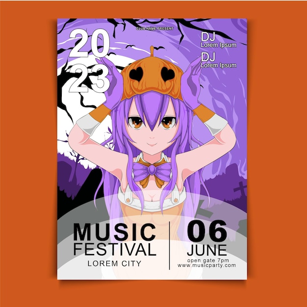 Vector anime hand drawn music festival poster design template