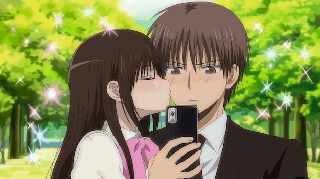 Vector anime illustration of a young woman kissing a businessman while taking a selfie in a park