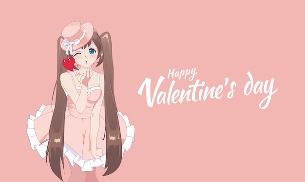 Anime manga girl blows a kiss. Valentines day card