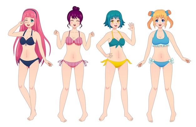 Anime manga girls in bikini. Group of kawaii female japanese comic characters in swimsuits. Beach woman winks, waving and smiles vector set. Girls in swimwear with different colorful hair