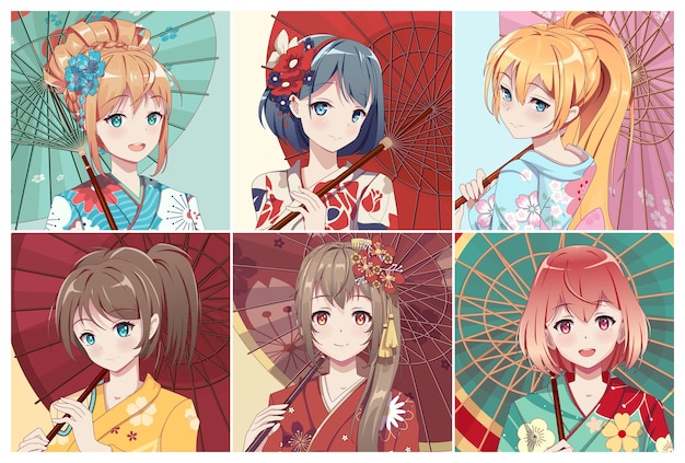 Anime portraits girl avatar set Kimono and umbrella