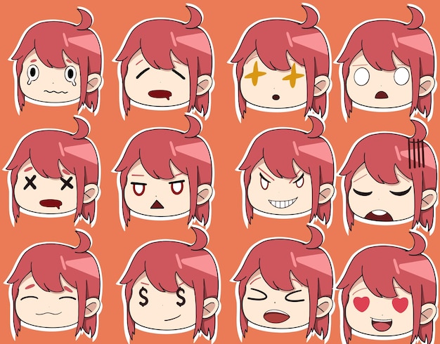 Vector anime sticker with a girl face and with different emotions on her face and with red hair