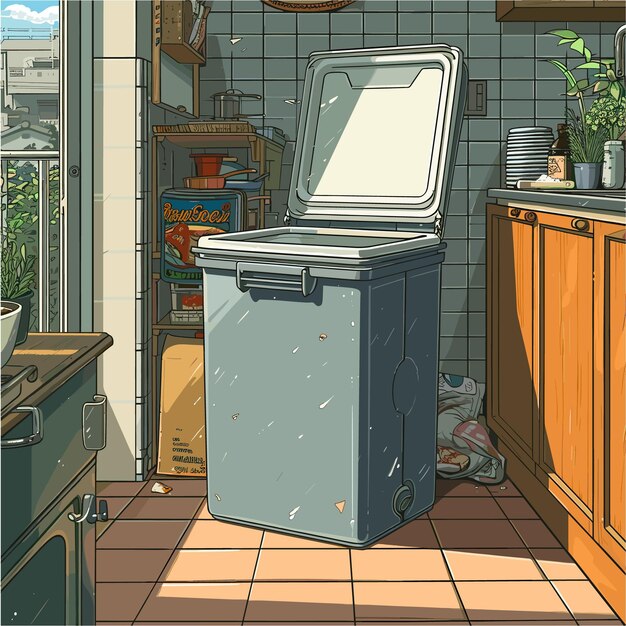 Vector anime style open kitchen trashcan illustration