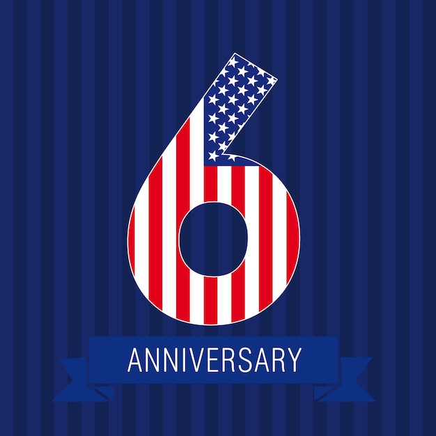 Anniversary 6 US flag logo. Template of celebrating icon of 6 th place as American flag. USA number.