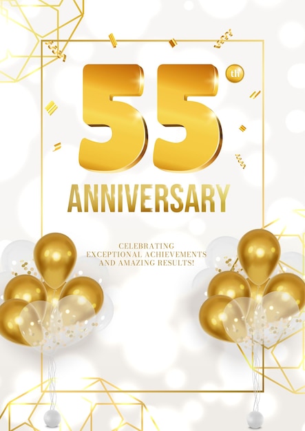 Anniversary celebration poster with golden date and balloons 55