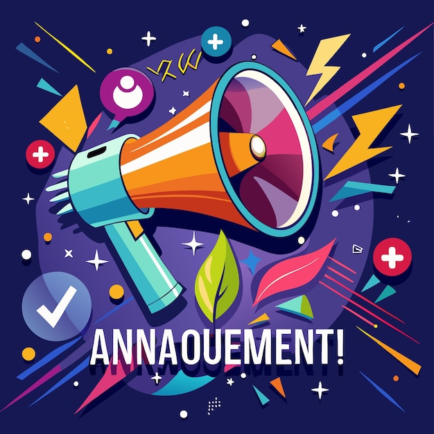 Vector announcement megaphone with colorful shapes and stars