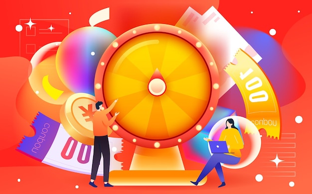 Annual lucky draw spinner event with various gold coins and coupons in the background, vector