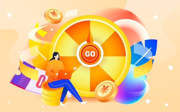 Annual lucky draw spinner event with various gold coins and coupons in the background, vector