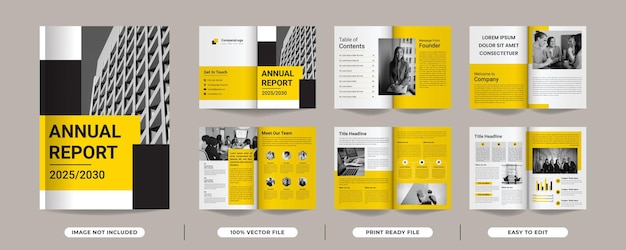 annual report template design with yellow colour shapes multipage brochure design premium vector