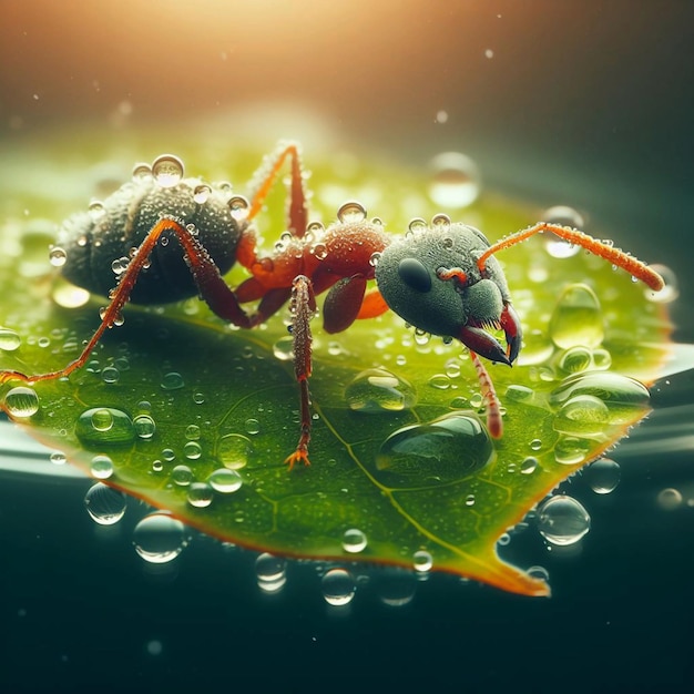 Vector ant on a leaf with water droplets