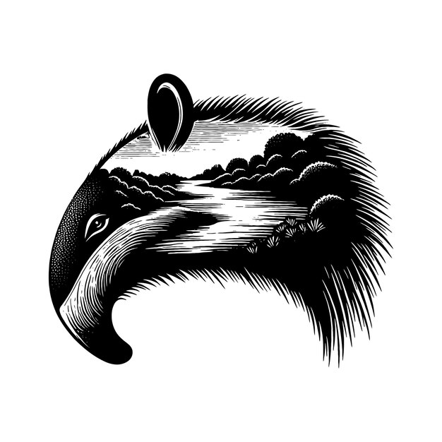 Anteater silhouette filled with river view in rough drawing