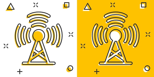 Antenna tower icon in comic style Broadcasting cartoon vector illustration on white isolated background Wifi splash effect business concept