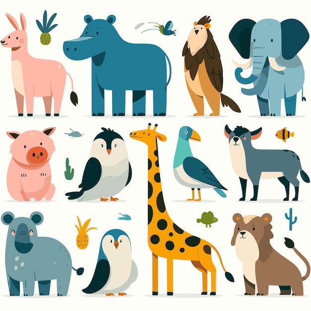 Vector anthropomorphic animals standing side by side in a flat style