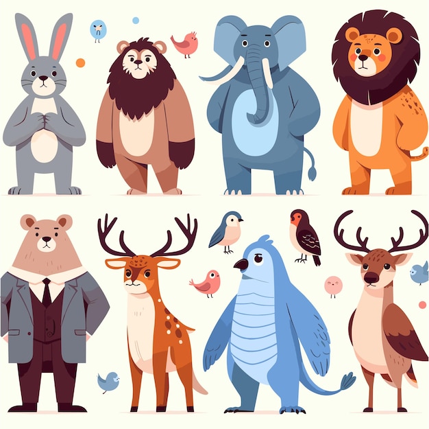 Vector anthropomorphic animals standing side by side in a flat style