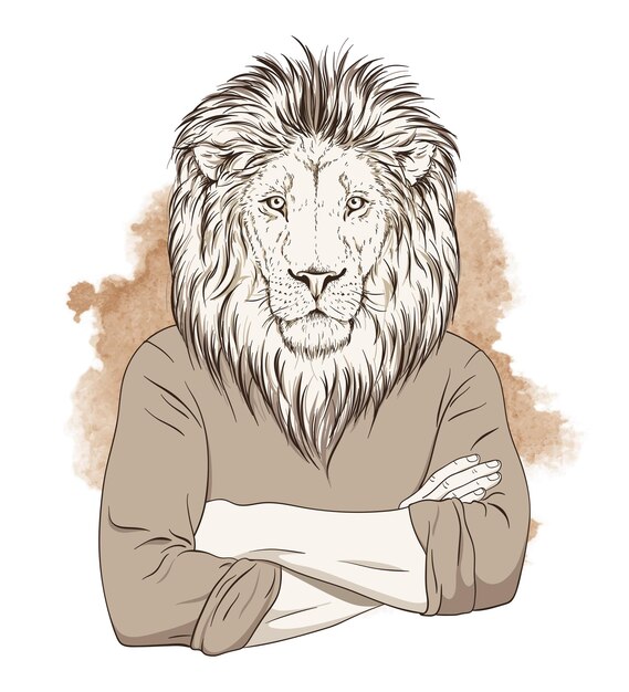 Vector anthropomorphic lion standing with hands crossed on his chest over watercolor background sepia tonned vector