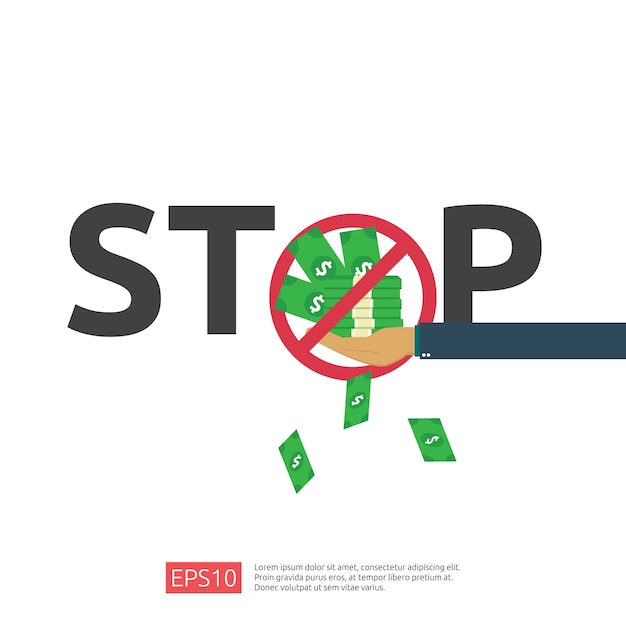 Anti Corruption, Stop and corrupt decline concept. Business bribe with money in an envelope and prohibition warning sign.  illustration in flat style for banner, background, and presentation