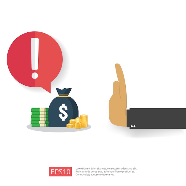 Anti Corruption, Stop and corrupt decline concept. Business bribe with money in an envelope and prohibition warning sign.  illustration in flat style for banner, background, and presentation