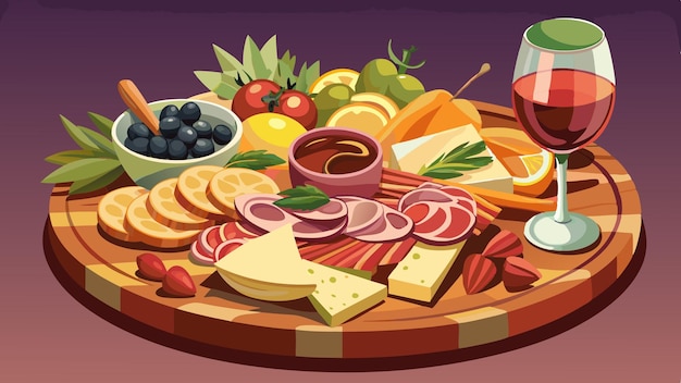 Antipasto platter with prosciutto salami cheese nuts olives and rose wine With space for text