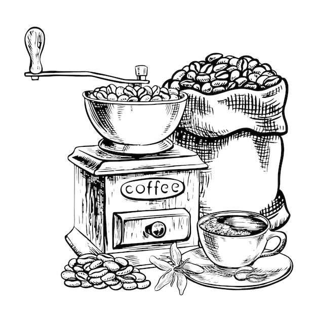 An antique coffee grinder a bag of beans and a cup of coffee Vector graphic illustration