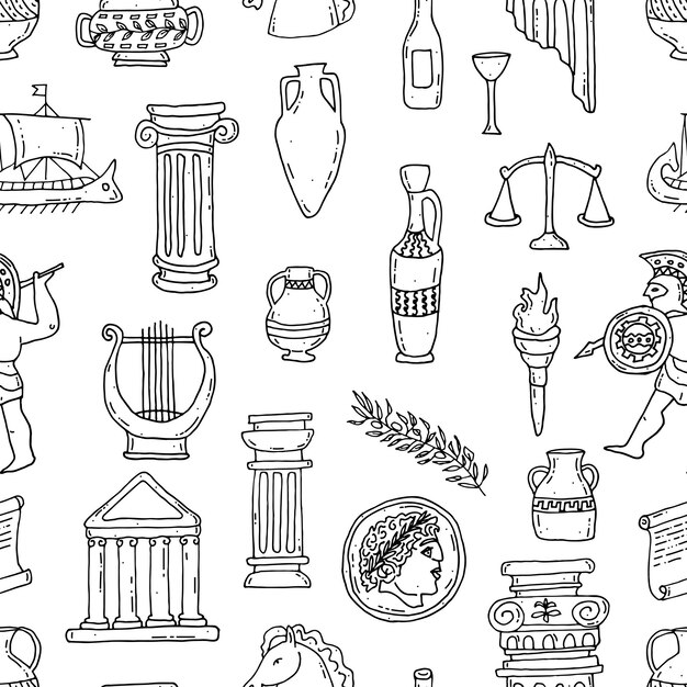 Antique column vases harp olive branch coin architecture scales warrior Ancient Greek style Pattern Seamless Doodle Vector illustration Hand drawn Outline