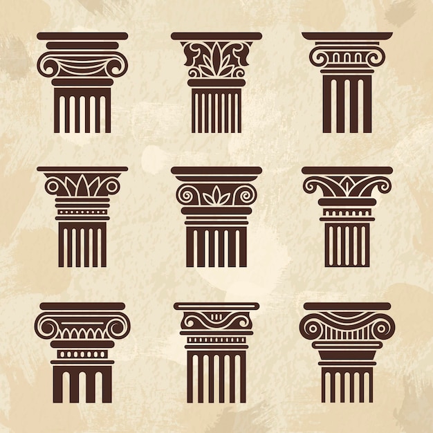 Antique columns Ancient architecture museum exhibition pillars greek ornate columns recent vector stylized icons collection