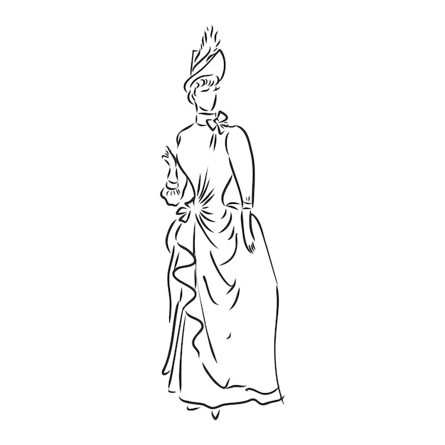 Antique dressed lady Old fashion vector illustration Victorian woman in historical dress