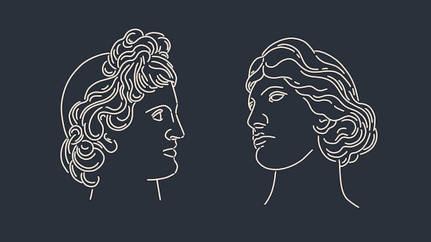 Antique face of greek portrait. Abstract line sketch on black background. Woman and male silhouette. Graphic symbol for print