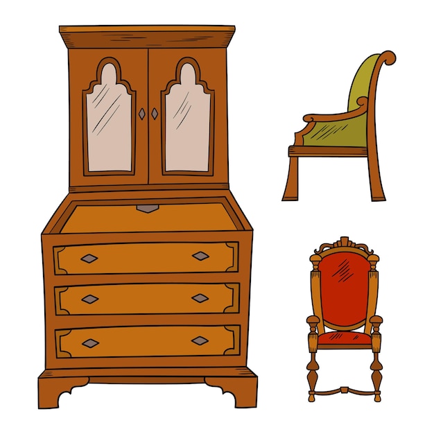 Antique furniture set - closet and chairs isolated on a white