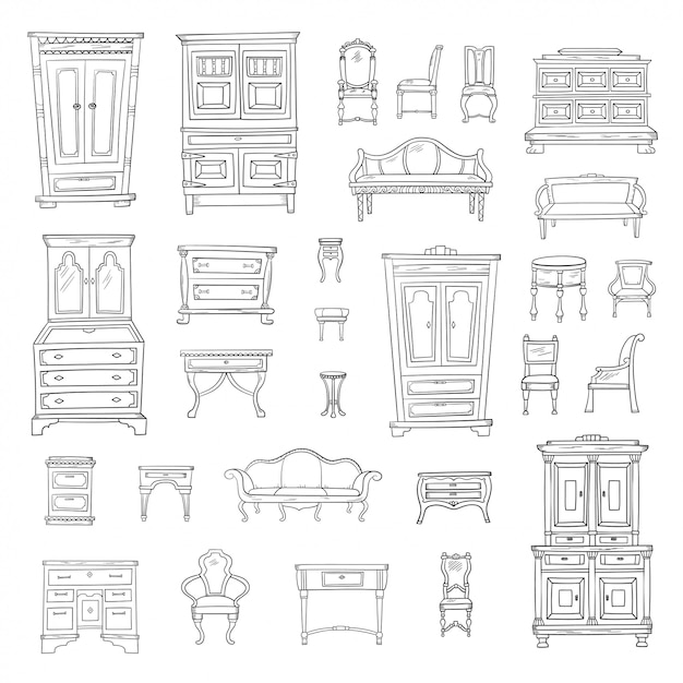 Antique furniture set: closet, nightstand, closet, chairs, nightstands and bureaus isolated. Vector hand drawn retro collection. Sketch style.