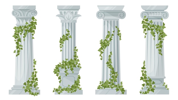 Antique ivy covered classic greek columns flat vector illustration on white background