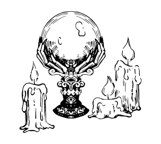 Antique magic crystal ball and candles Occult fortune telling witchcraft esoteric items sketch Halloween hand drawn vector illustration in retro style isolated on white