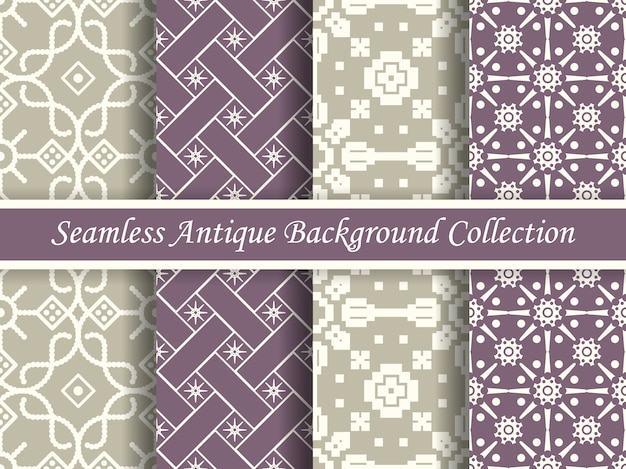 Antique seamless elegant purple and beige tone pattern collection, four stylish retro design.