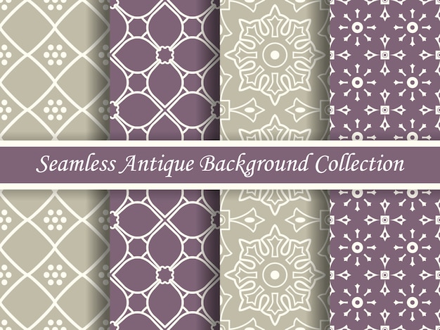 Antique seamless elegant purple and beige tone pattern collection, four stylish retro design.