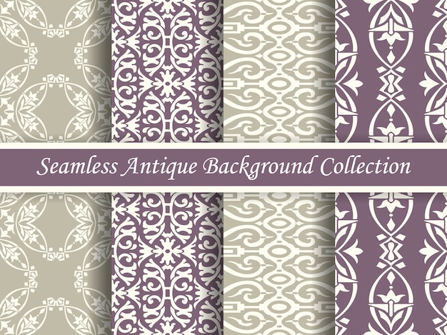 Antique seamless elegant purple and beige tone pattern collection, four stylish retro design.