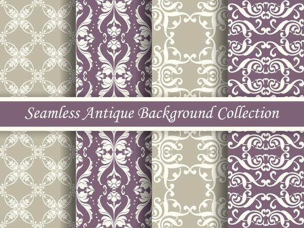 Antique seamless elegant purple and beige tone pattern collection, four stylish retro design.