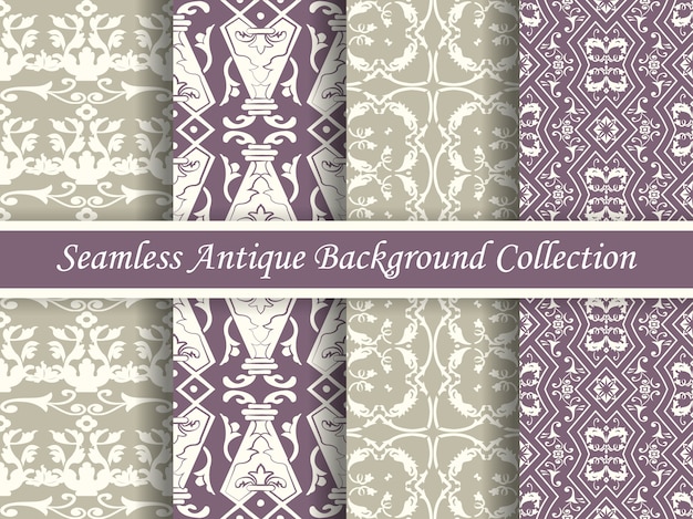 Antique seamless elegant purple and beige tone pattern collection, four stylish retro design.