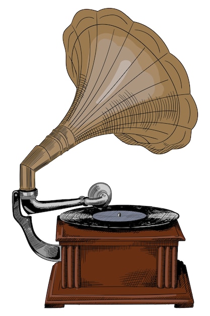 Antique vintage wooden gramophone with record and speaker.