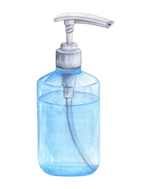 Antiseptic or liquid soap in blue transparent bottle with dispenser traced watercolor illustration Virus protection quarantine and epidemic concept