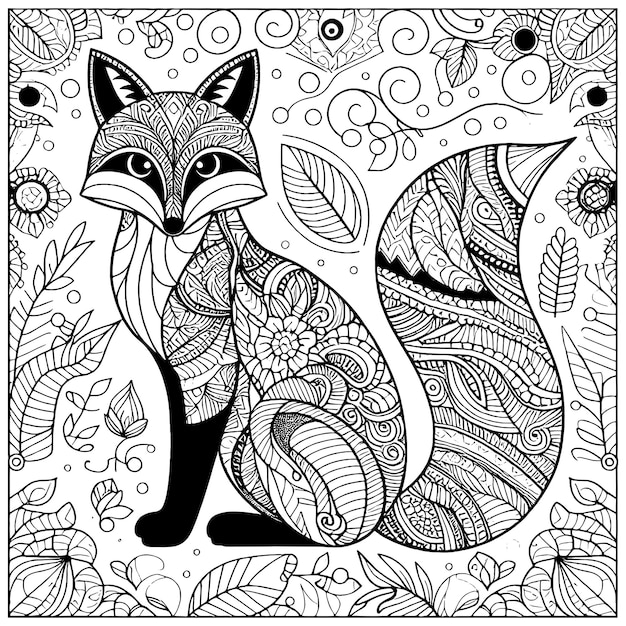 Antistress coloring book fox among the leaves generative ai vector