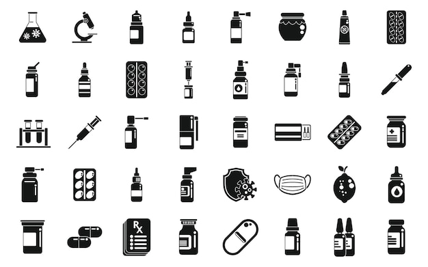 Antiviral medicines icons set simple vector Covid syringe