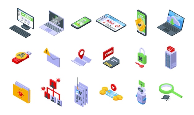 Antivirus icons set isometric vector Malware bug