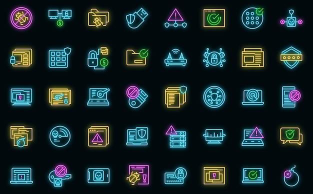 Antivirus icons set outline vector Malware bug vector neon