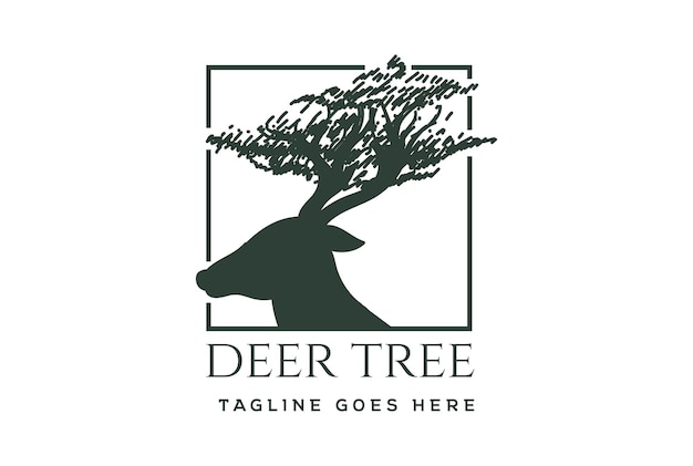 Antler Deer Moose Reindeer Vicuna Head with Horn Tree Forest for Savanna Conservation Zoo Logo