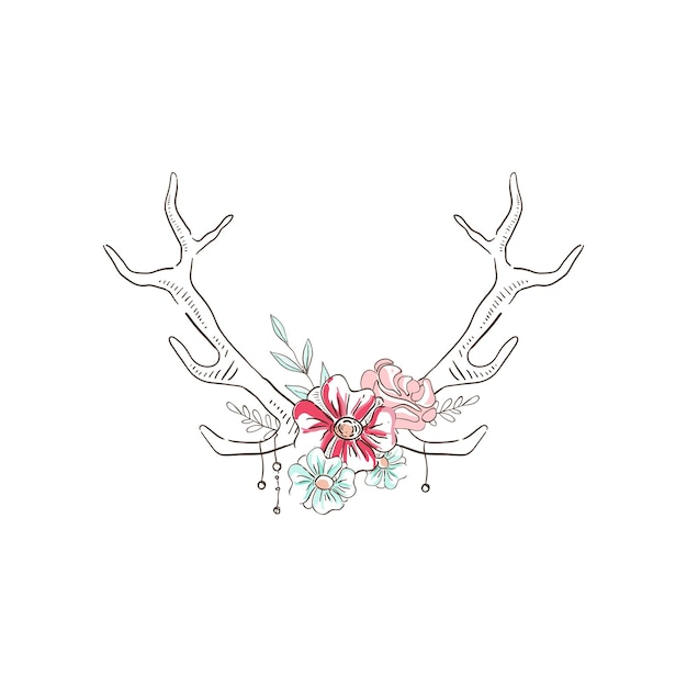 Vector antlers with flowers hand drawn floral composition with deer horns vector illustration on a white background