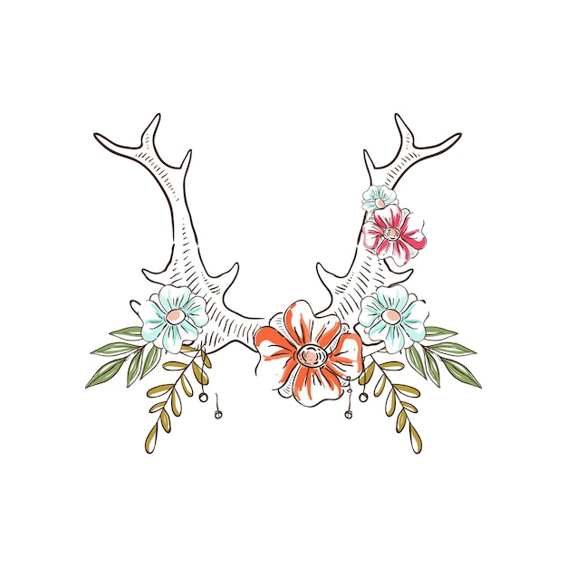 Vector antlers with flowers and plants hand drawn floral composition with deer horns vector illustration on a white background