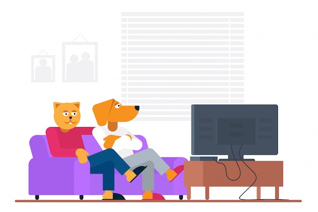 Antropomorphic people style funny cat and dog buddy sitting on sofa and watching movie on TV at home  illustration